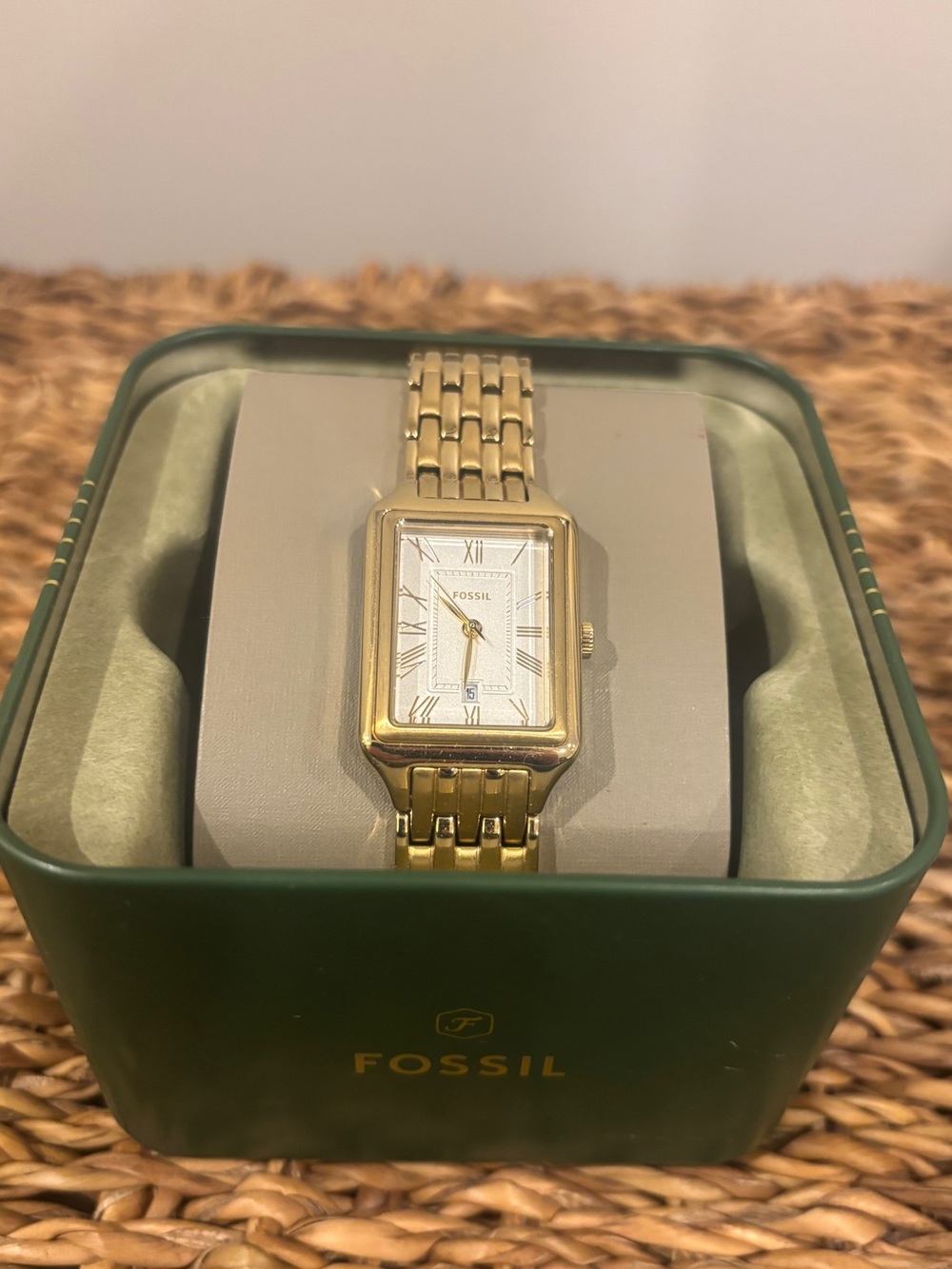 Fossil Gold-Tone Rectangular Link Watch with White Dial